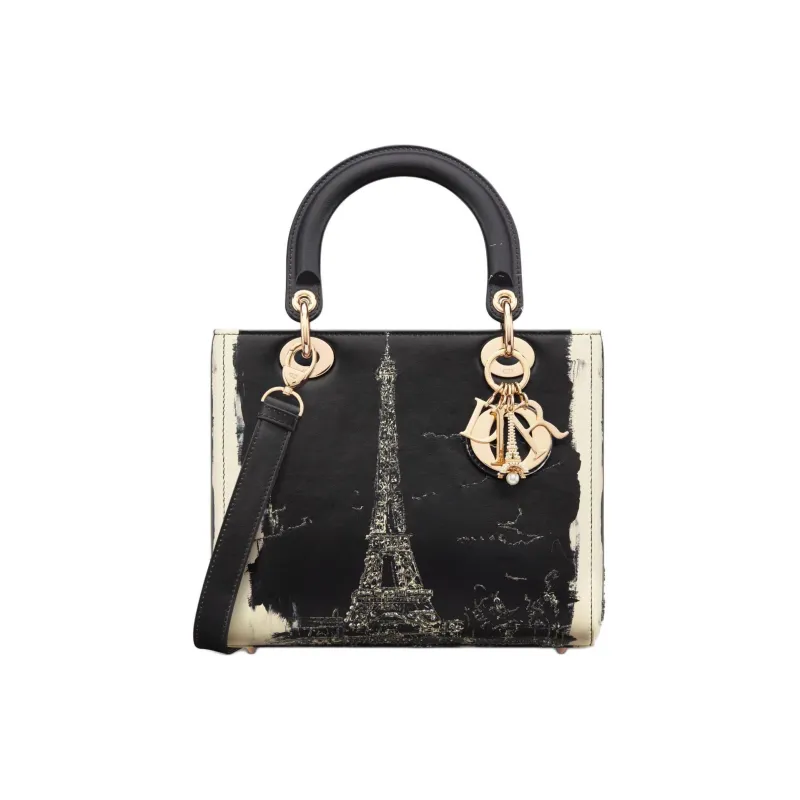 DIOR Rhinestone Embroidered Paris Print Calfskin Shoulder Bag Crossbody Bag Handbag Medium Size Women's Black & Beige-0