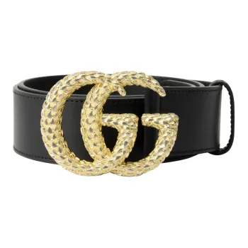 GUCCI Textured Gold Double G Buckle Smooth Buckle Leather Belts Women's Black Width  4cm