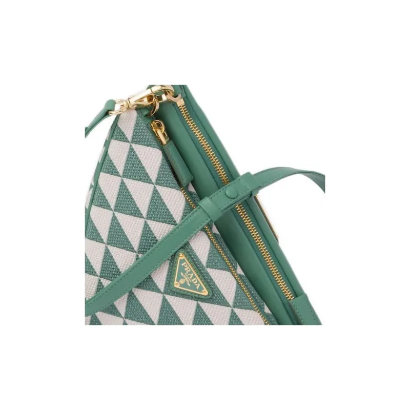 PRADA Triangle Leather With Fabric Triangle Bag, One Shoulder Handbag Mini Women's Grass Green/White-5