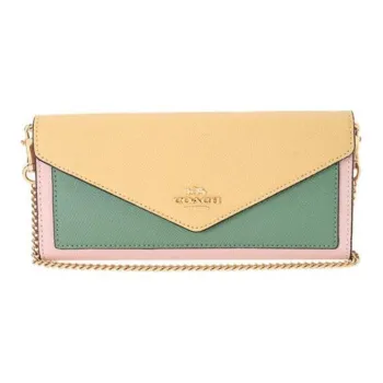 COACH Envelope Leather Wallets Shoulder Bag Crossbody Bag Small Size Women's Vanilla Yellow & Green