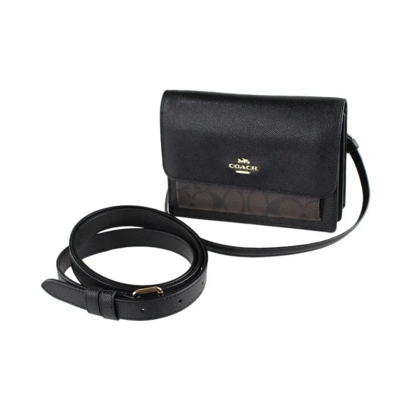 COACH Foldover Leather PVC Fanny Pack Crossbody Bag Shoulder Bag Small Size Women's Black & Dark Brown Monogram-3