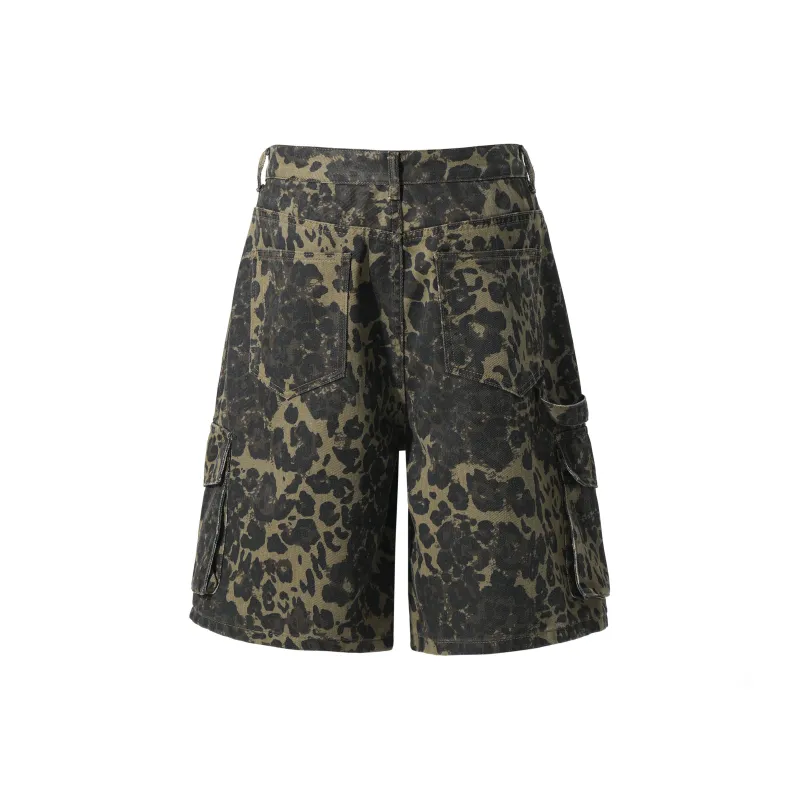 JCUI Denim Shorts Unisex Leopard Print-1