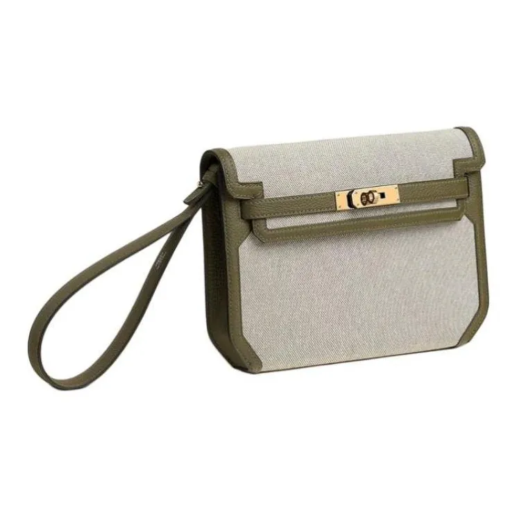 HERMES Kelly Depeches H-Canvas With Togo Calfskin Clutch Men's Light Beige Multicolor Green Multicolor Verona Green-1