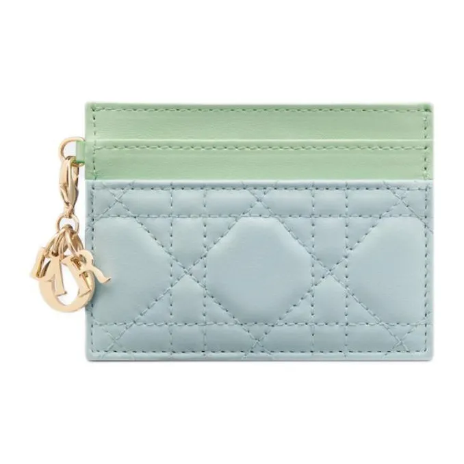 DIOR Lady Dior Sheepskin Card Holder Women's Light Mint Green With Space Blue Accents-0