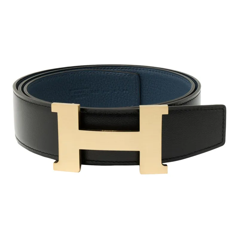 HERMES Togo Calfskin Double Sided Leather Belt Leather Belts Men's Black/Prussian Blue Width  3.8cm-0