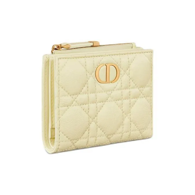 DIOR Caro Wicker Pattern Calfskin Wallet Women's Yellow-1