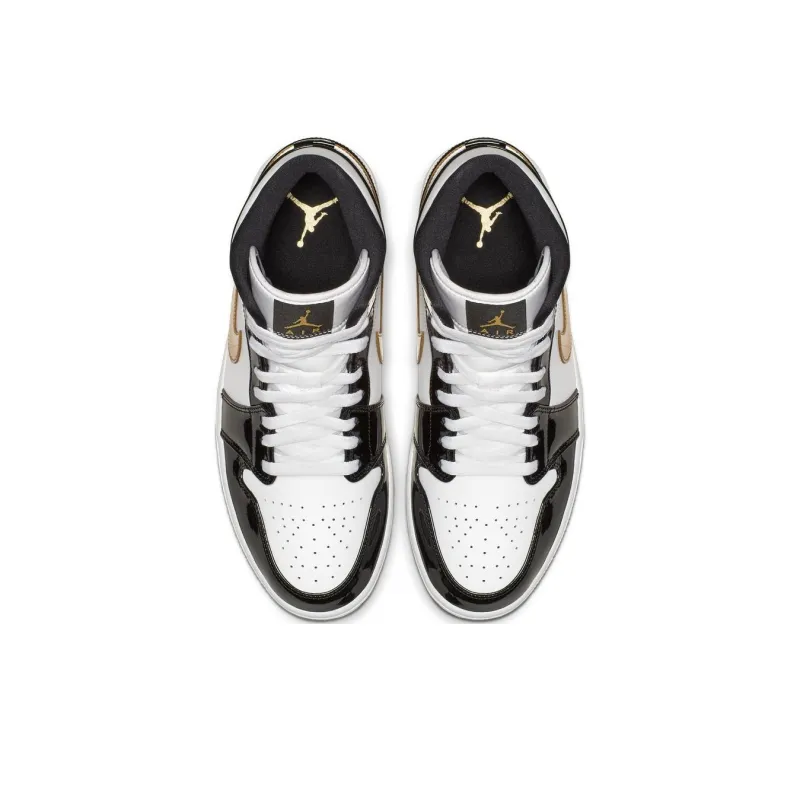 Jordan 1 Mid Patent Black White Gold-3