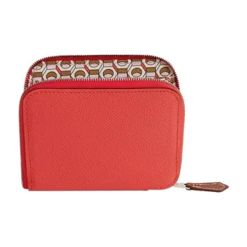HERMES Silk'In Epsom Leather Bonded Barenia Calfskin Coin Purse Clutch Wallet Women's Orange Red