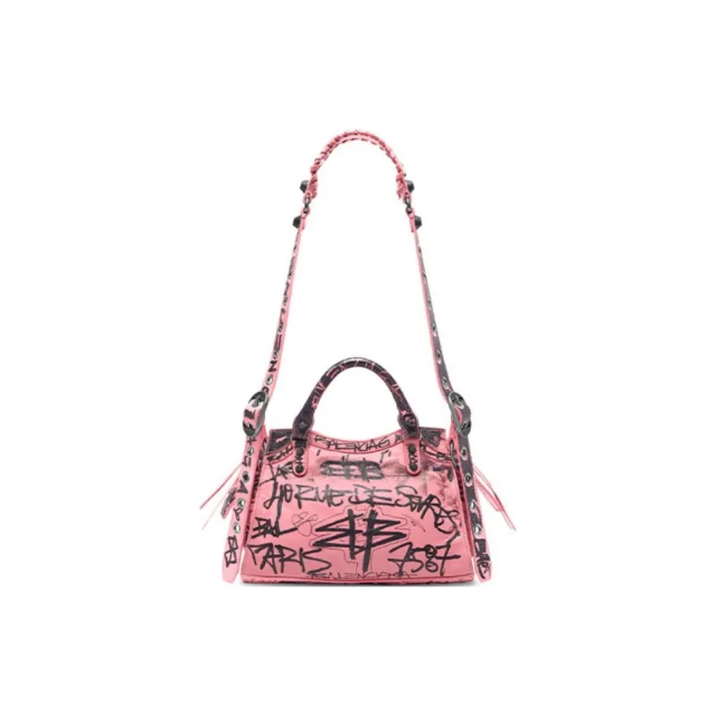 Balenciaga Neo Cagole Graffiti Print Fine Grained Sheepskin Shoulder Bag, Crossbody Bag, Handbag Mini Women's Pink-3