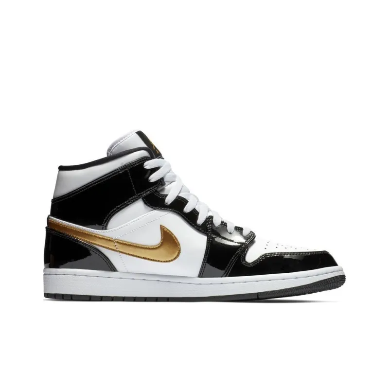 Jordan 1 Mid Patent Black White Gold-1