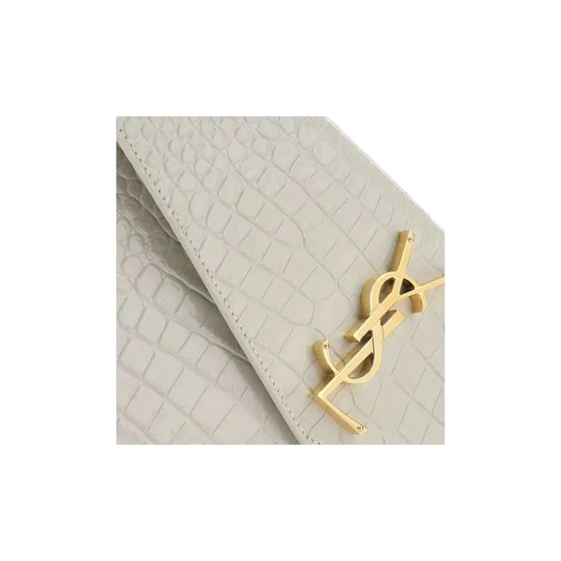 SAINT LAURENT UPTOWN Crocodile Pattern Shinny Leather Envelope Bag, Clutch Small Size Women's White-5