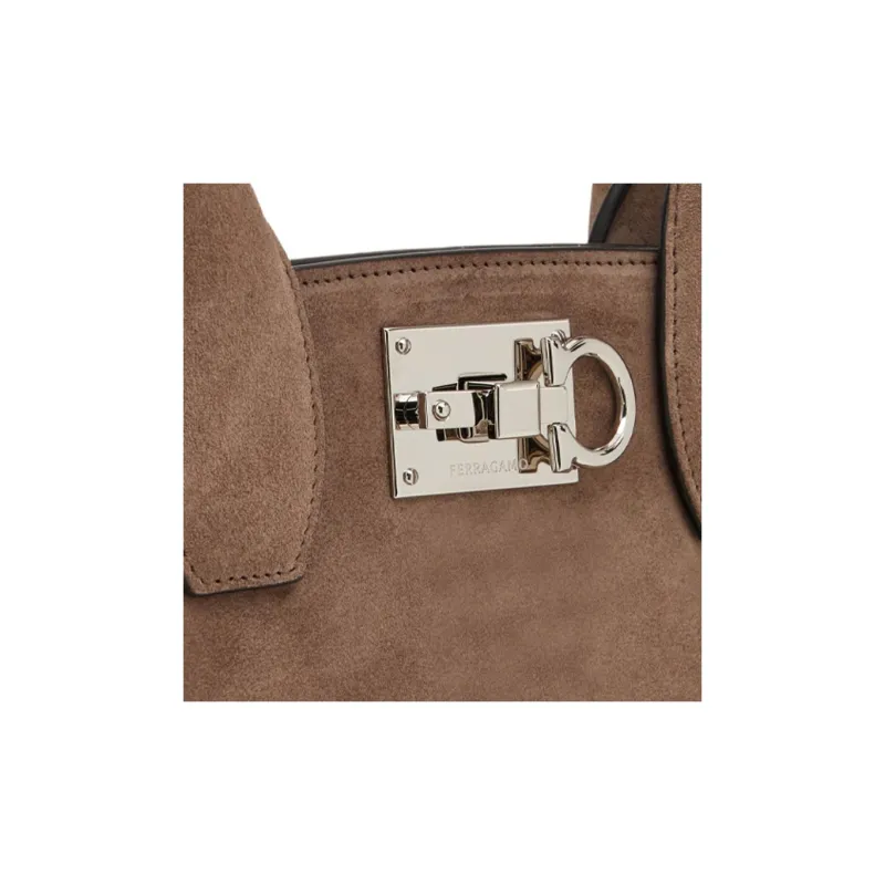 FERRAGAMO Studio Suede Calfskin Handbag Tubas Women's Brown-5