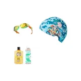 Set: Orange Yellow Dinosaur Swim Goggles+Sports Capybara Cloth Cap+Shampoo and Shower Gel