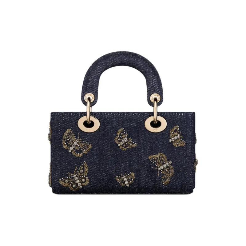 DIOR Butterfly Embroidered Denim Fabric Shoulder Bag Crossbody Bag Handbag Extra Mini Women's Blue-5
