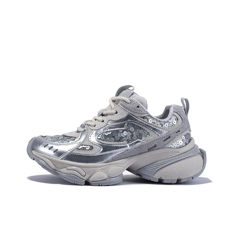 BELLALILY Low-Top Chunky Sneakers Women's Silver White-1