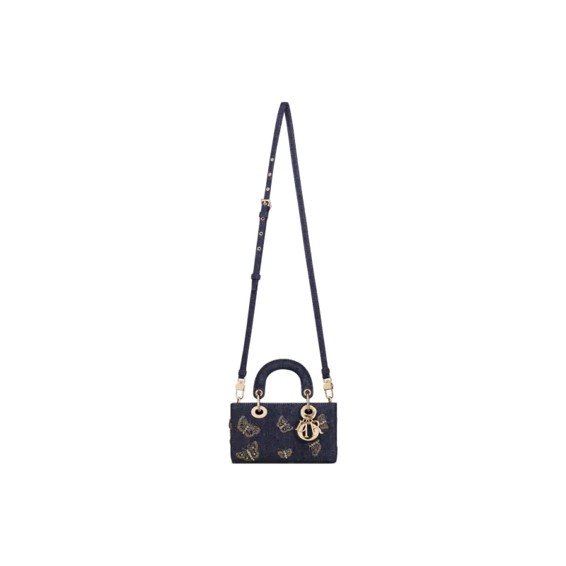 DIOR Butterfly Embroidered Denim Fabric Shoulder Bag Crossbody Bag Handbag Extra Mini Women's Blue-2