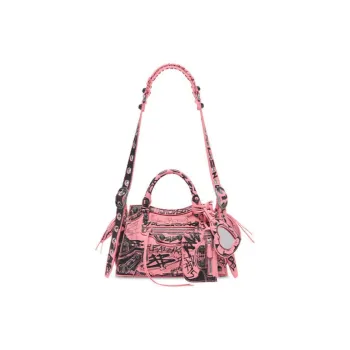 Balenciaga Neo Cagole Graffiti Print Fine Grained Sheepskin Shoulder Bag, Crossbody Bag, Handbag Mini Women's Pink