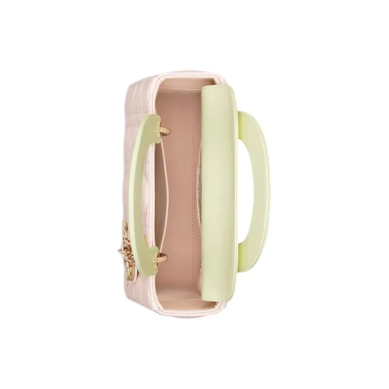 DIOR Wicker Pattern Sheepskin Shoulder Bag, Crossbody Bag, Handbag Trumpets Women's Light Yellow & Quartz Pink-3