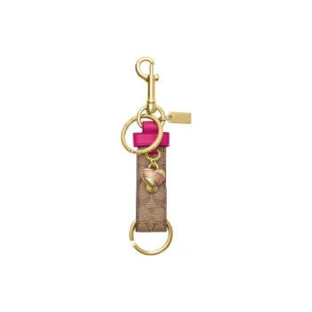 COACH Bag Charm Coated Canvas With Smooth Leather Keychain Bag Accessory Women's Khaki & Cherry Red