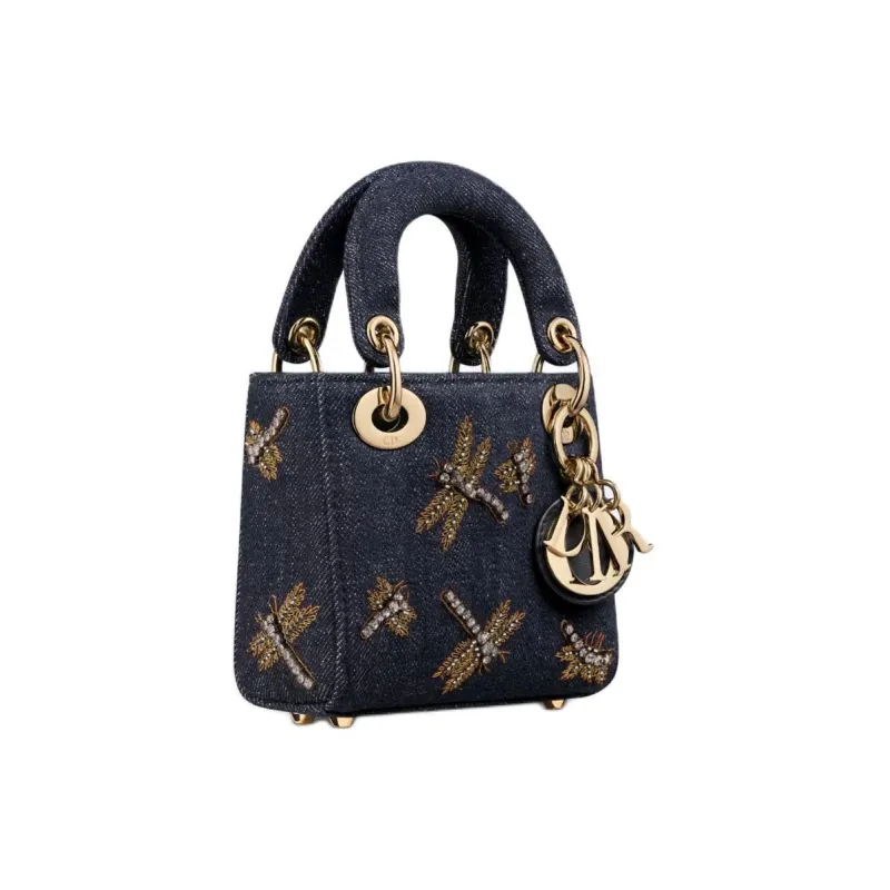 DIOR Dragonfly Embroidered Denim Fabric Shoulder Bag Crossbody Bag Handbag Extra Mini Women's Blue-2