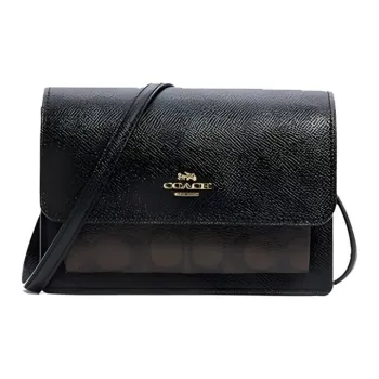 COACH Foldover Leather PVC Fanny Pack Crossbody Bag Shoulder Bag Small Size Women's Black & Dark Brown Monogram