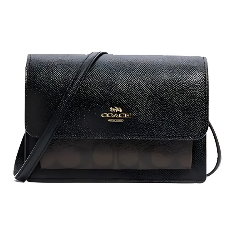COACH Foldover Leather PVC Fanny Pack Crossbody Bag Shoulder Bag Small Size Women's Black & Dark Brown Monogram-0