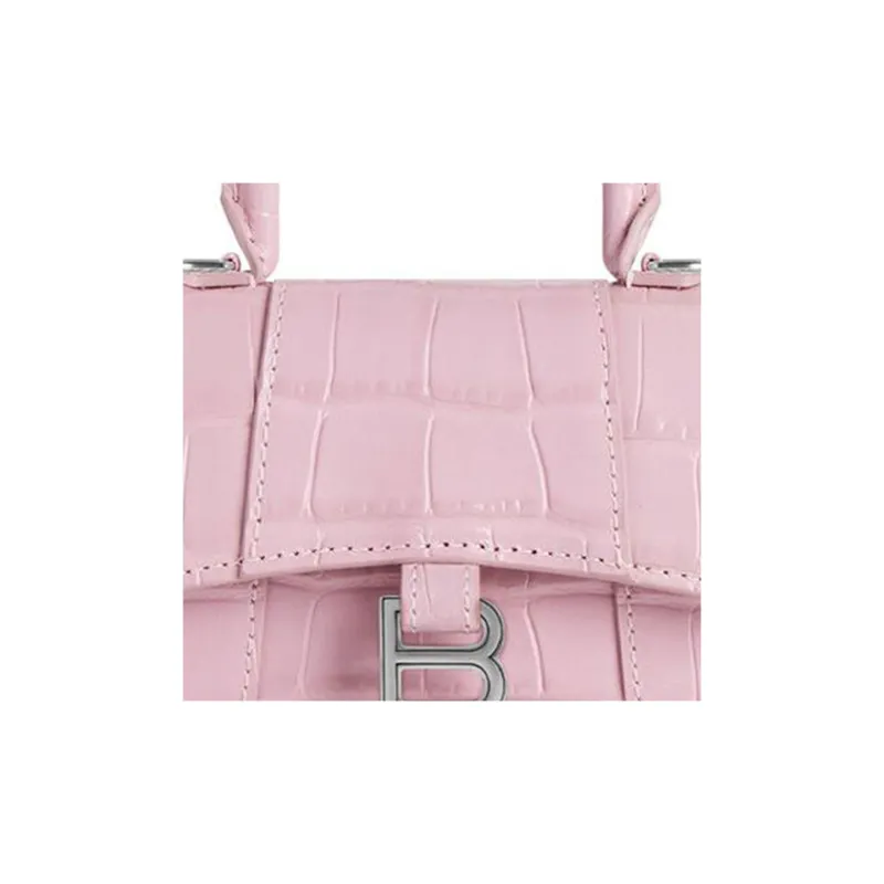 Balenciaga Hourglass Shiny Crocodile Pattern Embossed Cow Leather Handbag Women's Pink-5