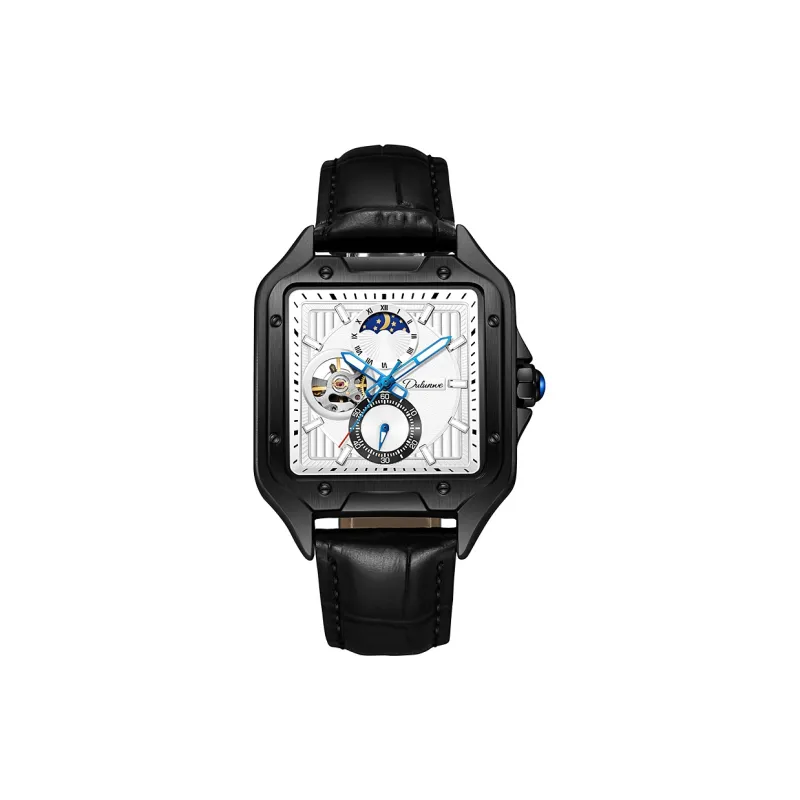 Dulunwe Automatic Mechanical Movement Genuine Leather Strap Watch Men's Watches Black Dial-2