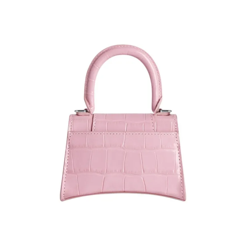 Balenciaga Hourglass Shiny Crocodile Pattern Embossed Cow Leather Handbag Women's Pink-3