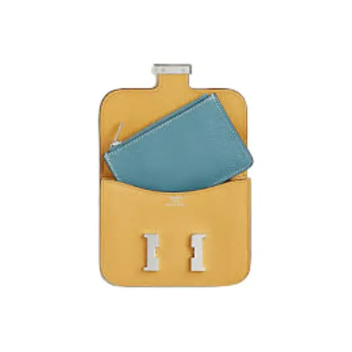 HERMES Constance Slim Evercolor Calfskin Wallet Card Holder Coin Purse Fanny Pack Women's Sun Yellow With Denim Blue-2