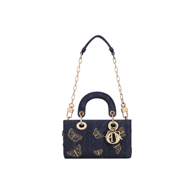 DIOR Butterfly Embroidered Denim Fabric Shoulder Bag Crossbody Bag Handbag Extra Mini Women's Blue-1