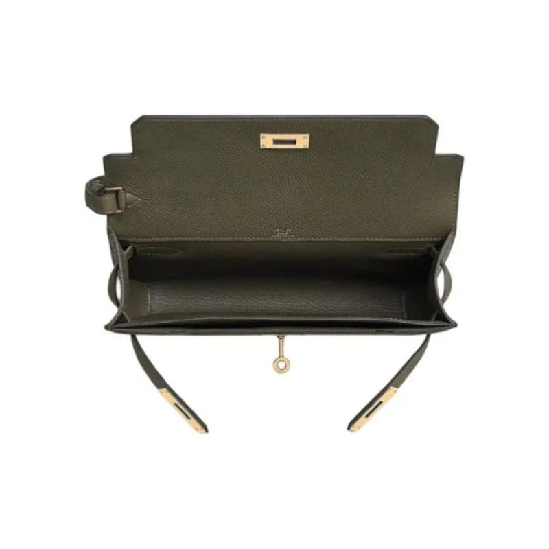 HERMES Kelly Depeches H-Canvas With Togo Calfskin Clutch Men's Light Beige Multicolor Green Multicolor Verona Green-2