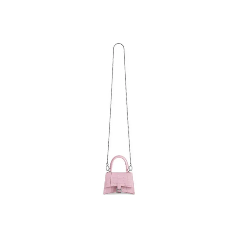 Balenciaga Hourglass Shiny Crocodile Pattern Embossed Cow Leather Handbag Women's Pink-4