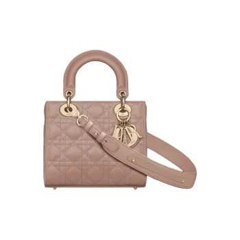 DIOR Lady Dior Wicker Pattern Sheepskin Shoulder Bag Crossbody Bag Handbag Small Size Women's Pink Beige