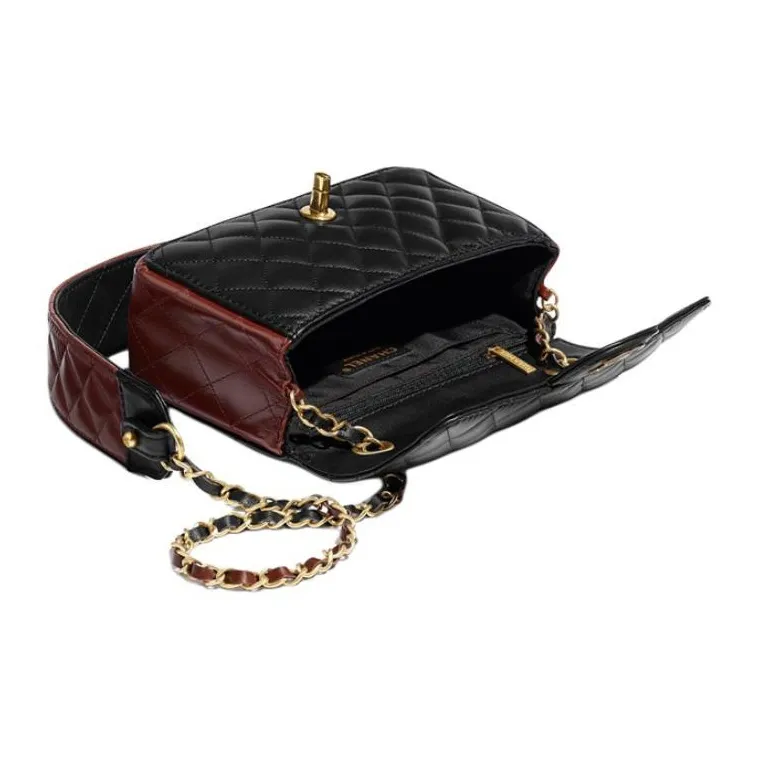 CHANEL Sheepskin Flap Bag, Crossbody Handbag Women's Black Red-3