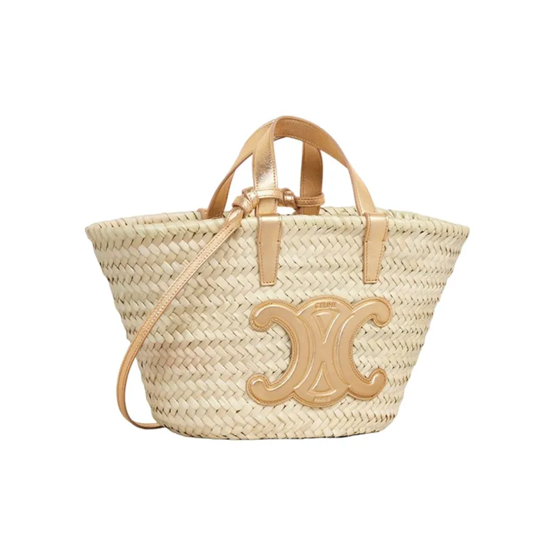 CELINE Triomphe Leather Straw Bag Handbag Teen Women's Light Brown-2
