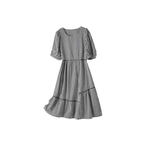 H-YXIANG Short-Sleeved Dresses Women's Houndstooth