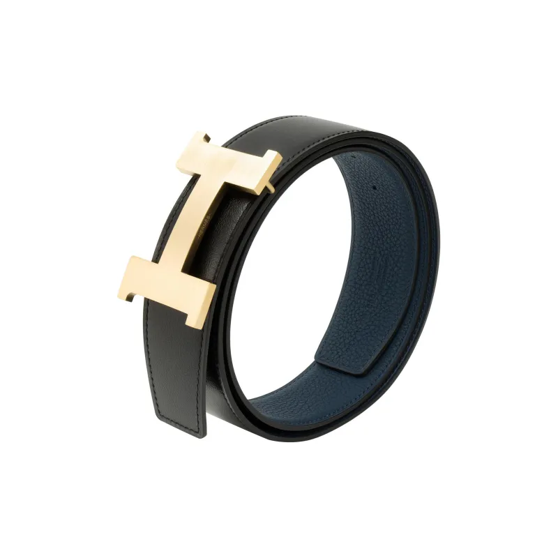 HERMES Togo Calfskin Double Sided Leather Belt Leather Belts Men's Black/Prussian Blue Width  3.8cm-2