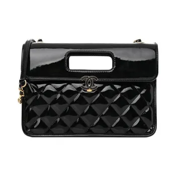 CHANEL Patent Leather Zipper Bag Messenger Bag Briefcase Shoulder Bag Crossbody Bag Handbag Women's Black