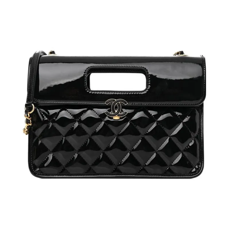 CHANEL Patent Leather Flap Bag, Messenger Bag, Briefcase, Shoulder Bag, Crossbody Bag, Handbag Women's Black-0