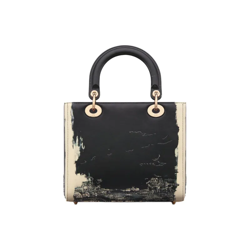 DIOR Rhinestone Embroidered Paris Print Calfskin Shoulder Bag Crossbody Bag Handbag Medium Size Women's Black & Beige-4