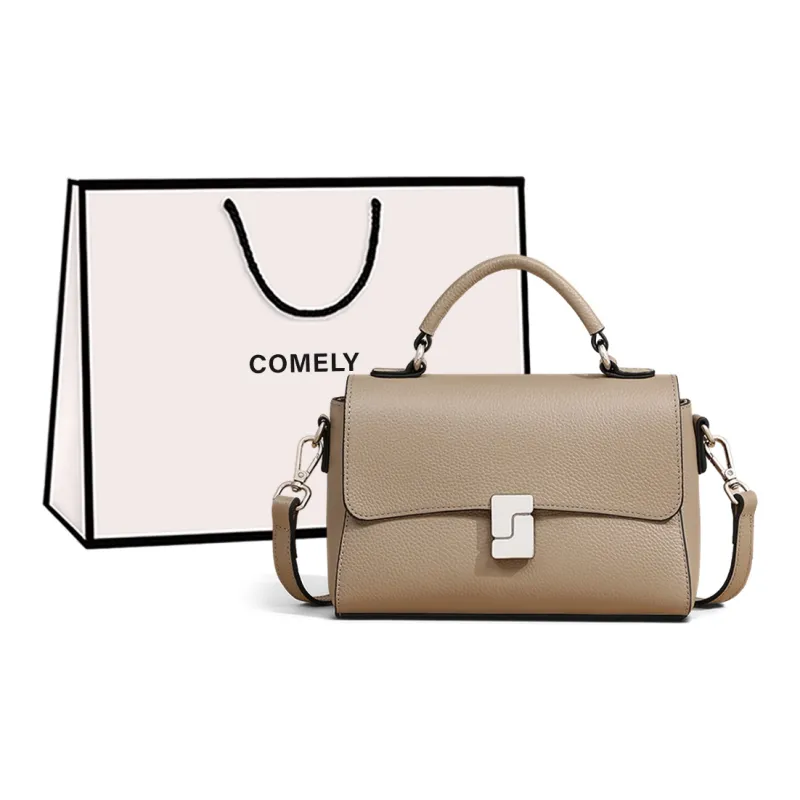 COMELY Cow Leather Bonded Synthetic Leather Shoulder Bag Crossbody Bag Handbags Regular Women's Black/Light Khaki-0