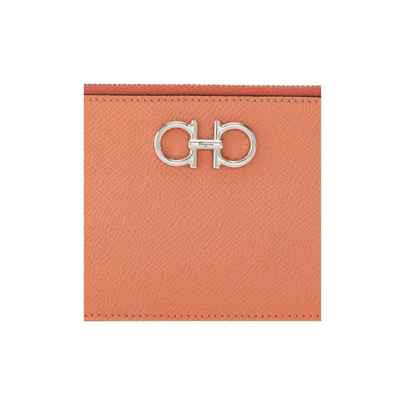 FERRAGAMO GANCINI Calfskin Business Card Holder Wallet Women's Coral Red-4