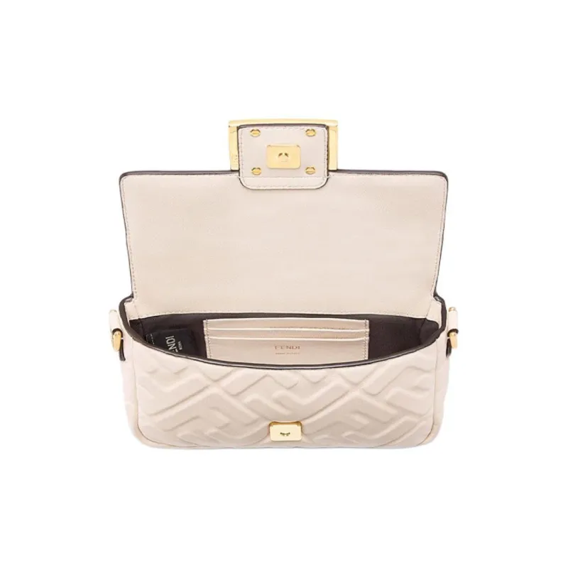 FENDI Nappa Leather Baguette Bag Chain One Shoulder Handbag Crossbody Bag Mini Women's Ecru-3