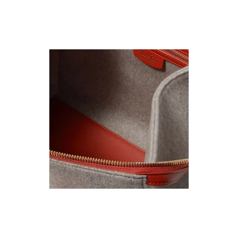 Loro Piana Sesia Felt With Cow Leather Tote Bag Shopping Bag Shoulder Bag Handbag Large Size Women's Red-2