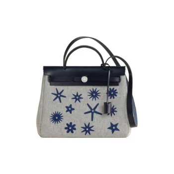 HERMES Canvas Tote Bag Shopping Bag Handbag Women's Blue & Gray