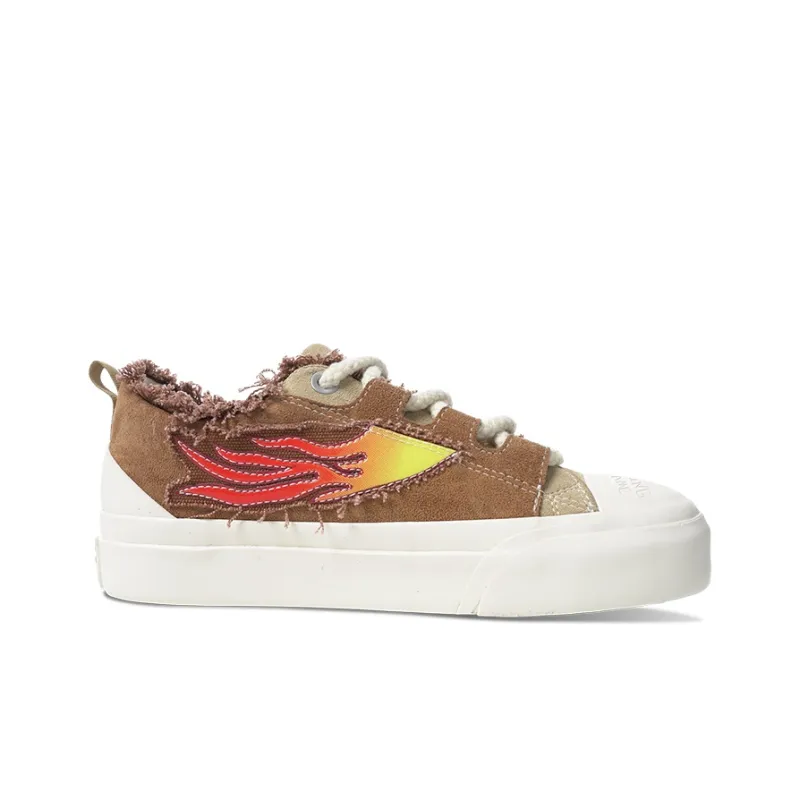 BURNING FLAME Height Increasing Abrasion Resistant Slip Resistant Low Top Canvas Shoes Unisex Brown-1