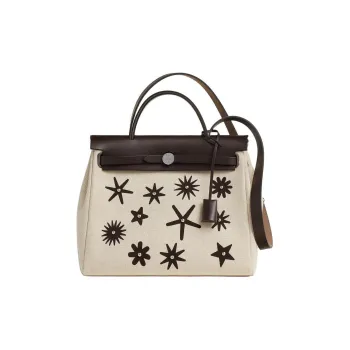 HERMES Herbag Zip H Plume Canvas Tote Bag, Shopping Bag, Handbag Women's Ebony Brown & Beige