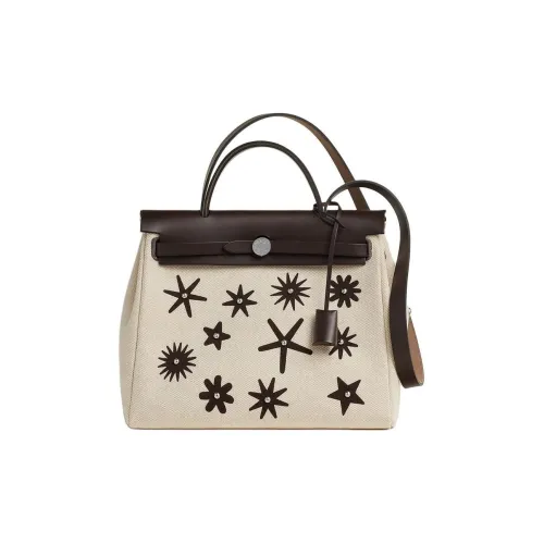 HERMES Herbag Zip H Plume Canvas Tote Bag, Shopping Bag, Handbag Women's Ebony Brown & Beige
