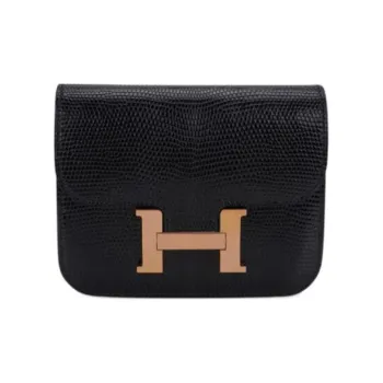 HERMES Constance Slim Lizard Skin Wallets Card Holders Fanny Pack Regular Women's Noir Black
